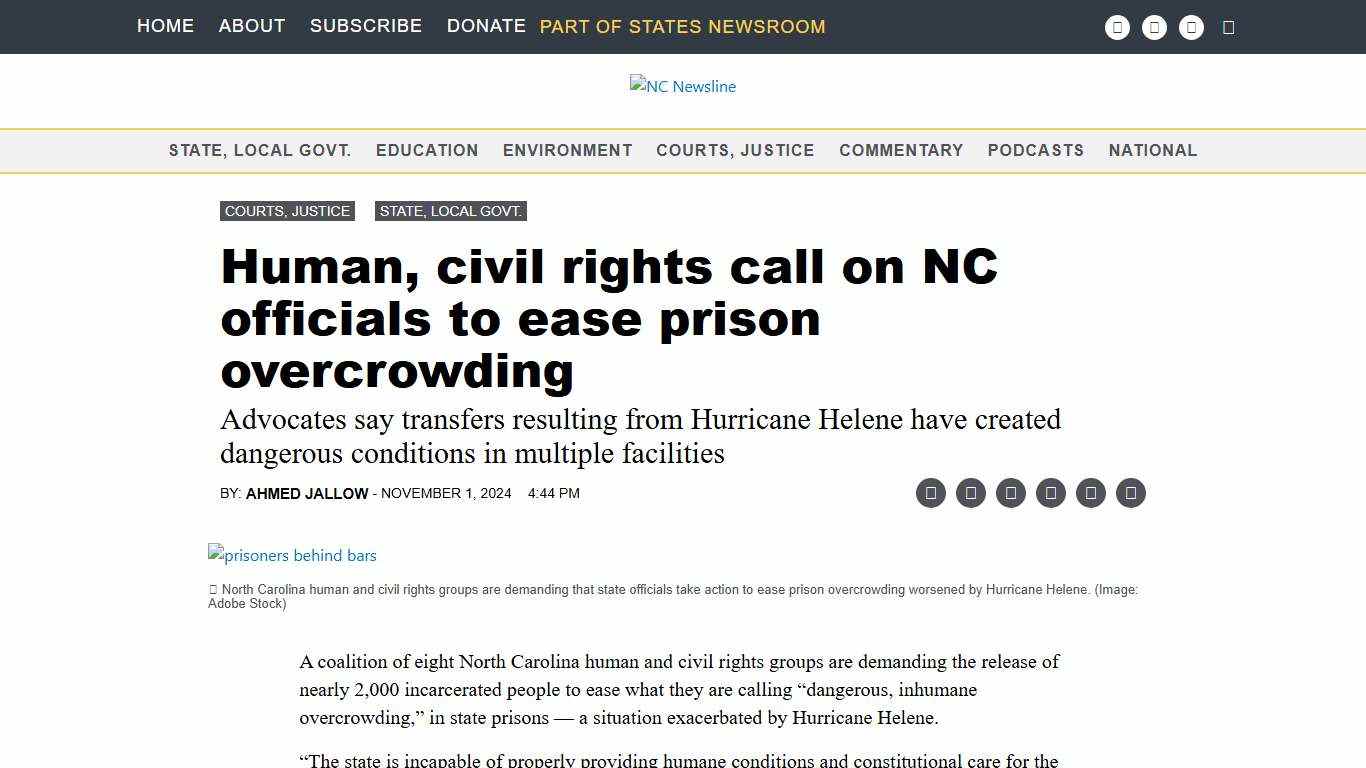Human, civil rights call on NC officials to ease prison overcrowding • NC Newsline
